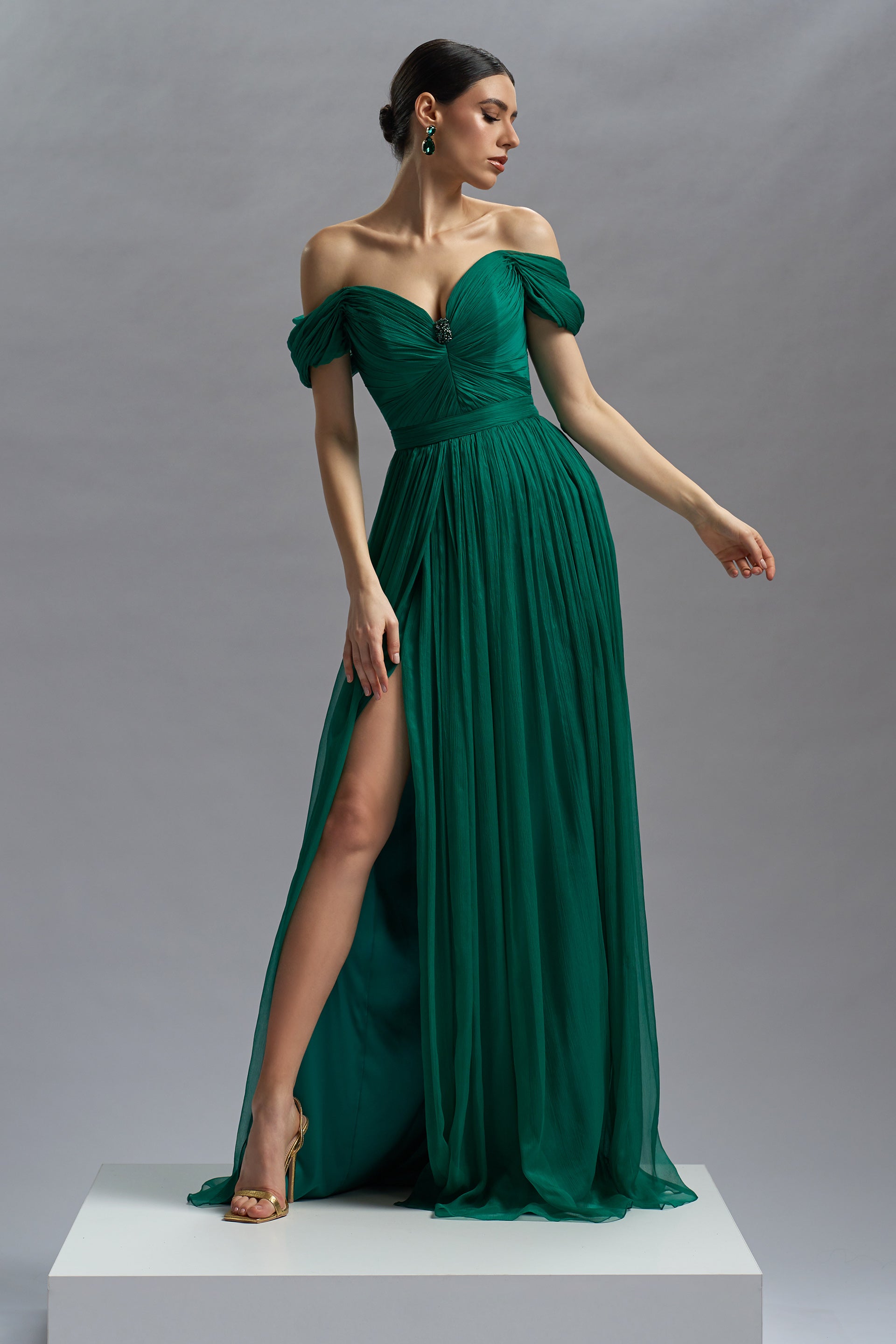 Green silk deals evening dress