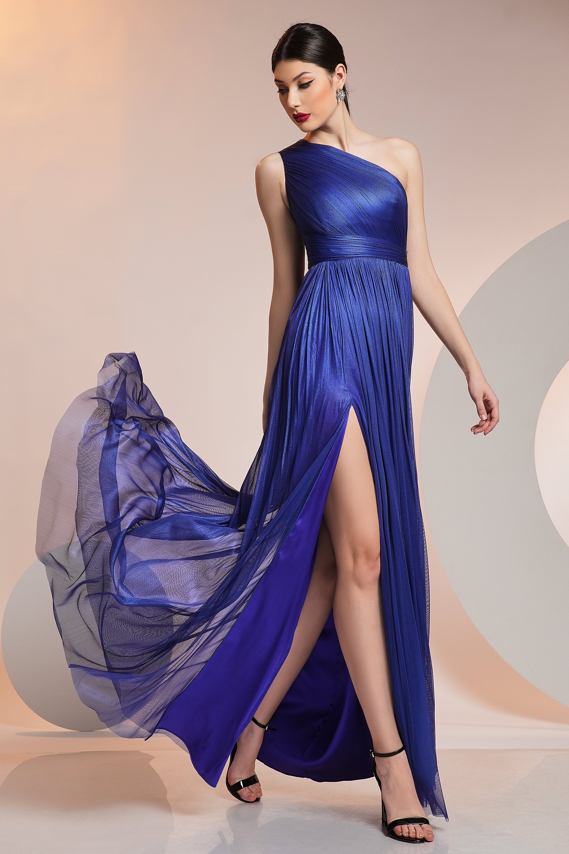 Blue silk evening outlet gown