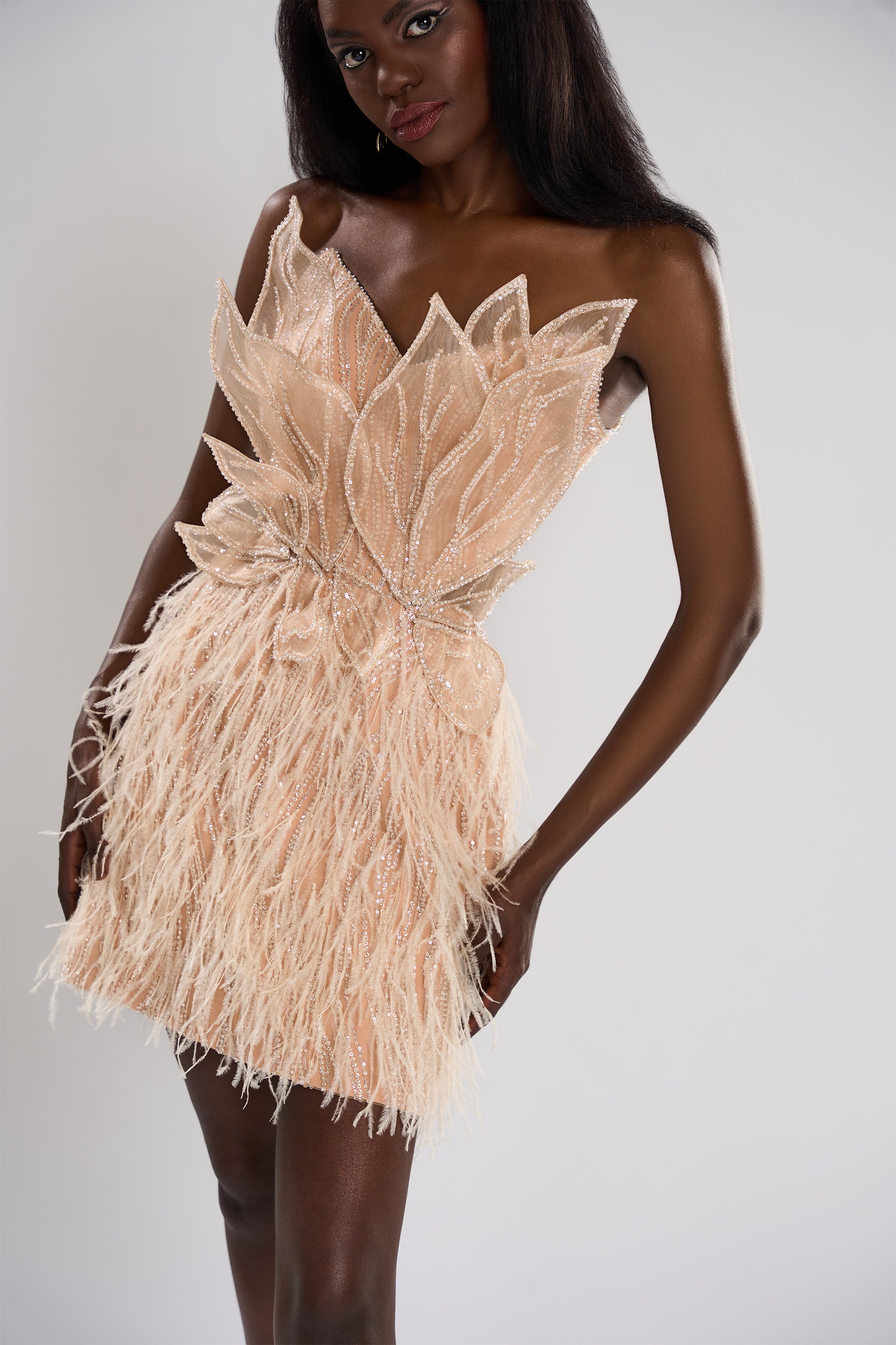 Cocktail dress in embroidery with 3D applications and feathers Etta CA105