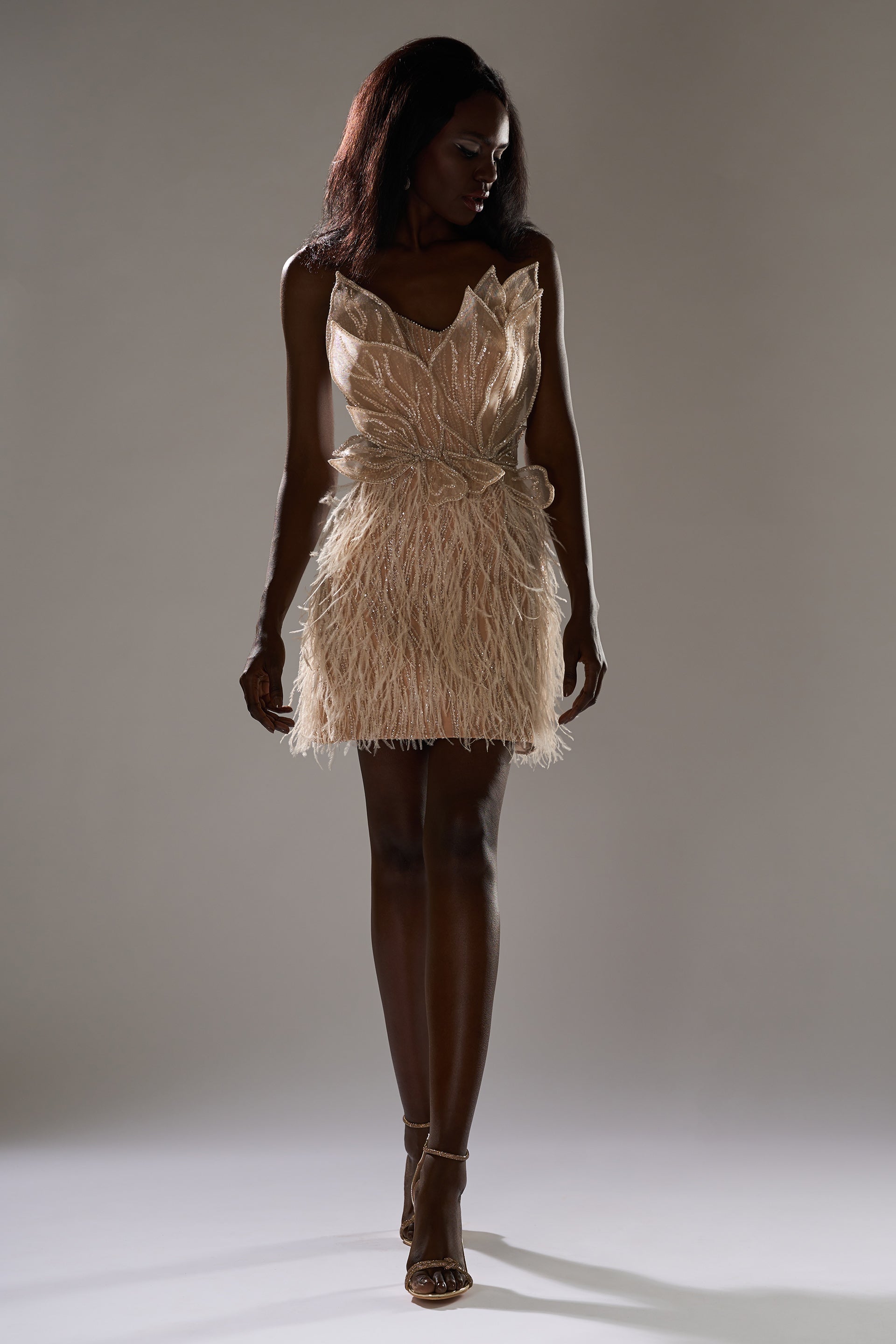 Cocktail dress in embroidery with 3D applications and feathers Etta CA105