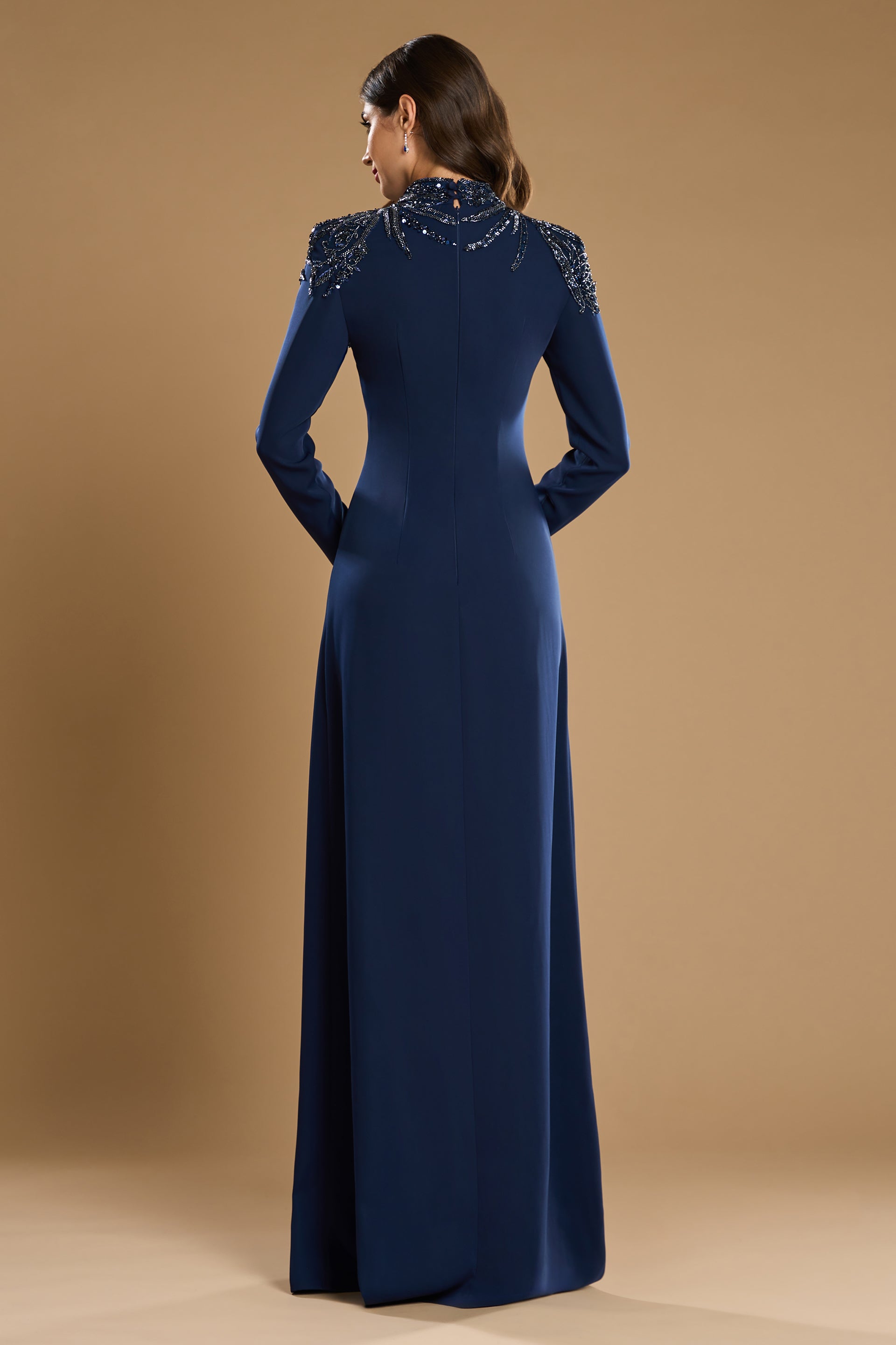 Long stretch crepe and embroidery with hand-sewn applications evening dress Catherine CA109