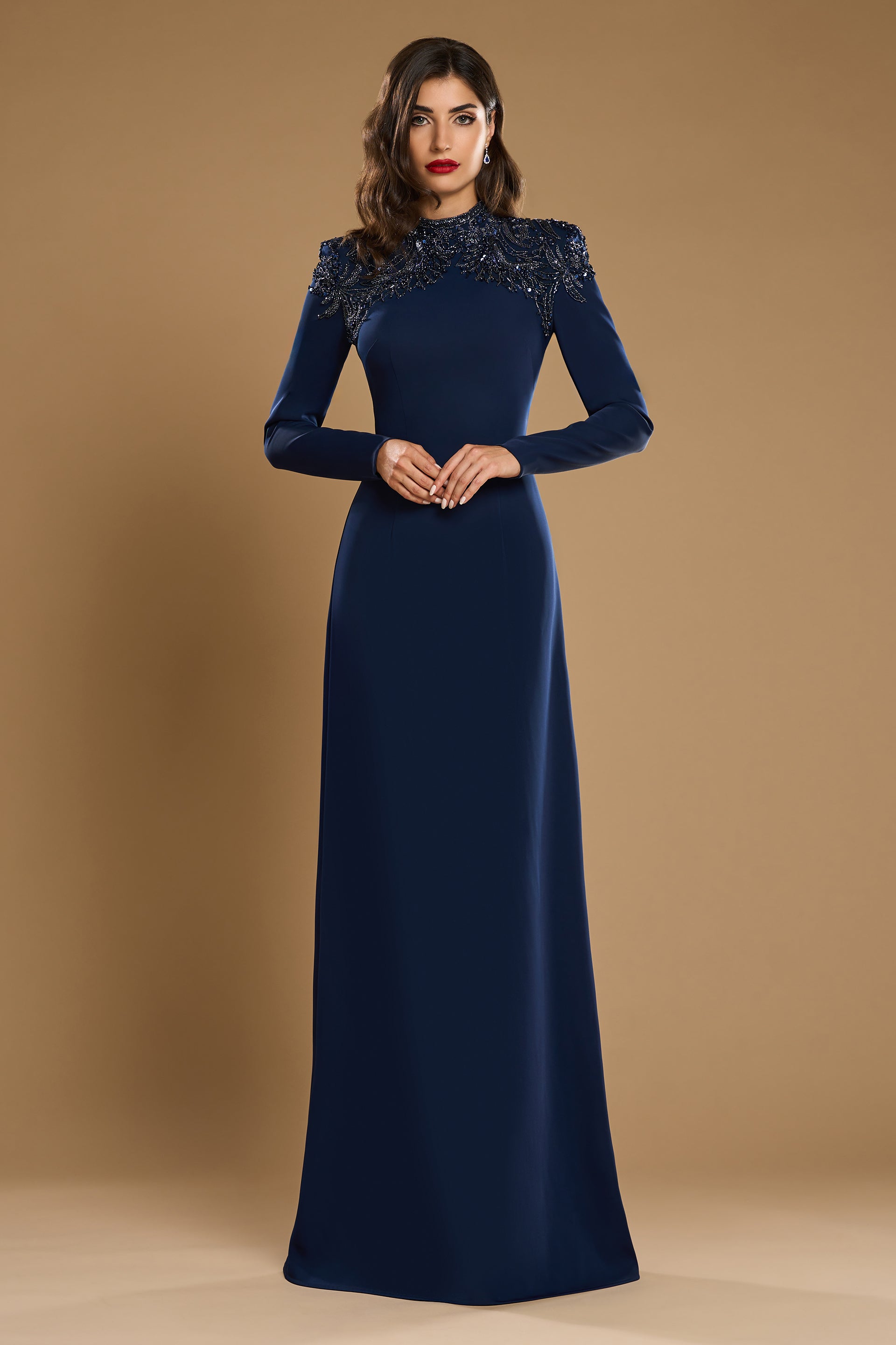 Long stretch crepe and embroidery with hand-sewn applications evening dress Catherine CA109