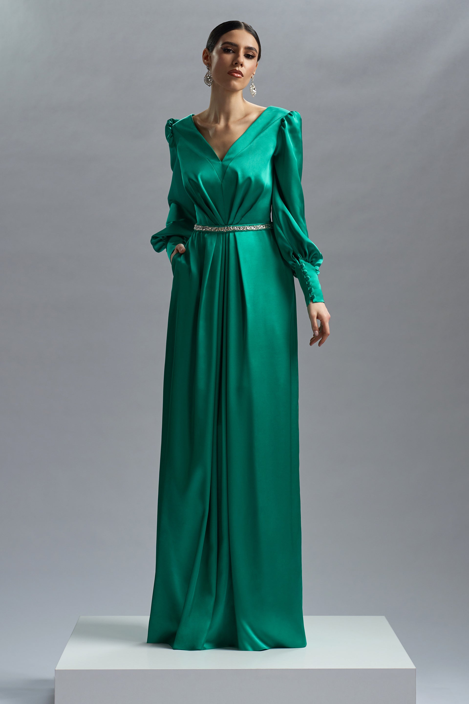 Satin and embroidery long evening dress Artemis CA51