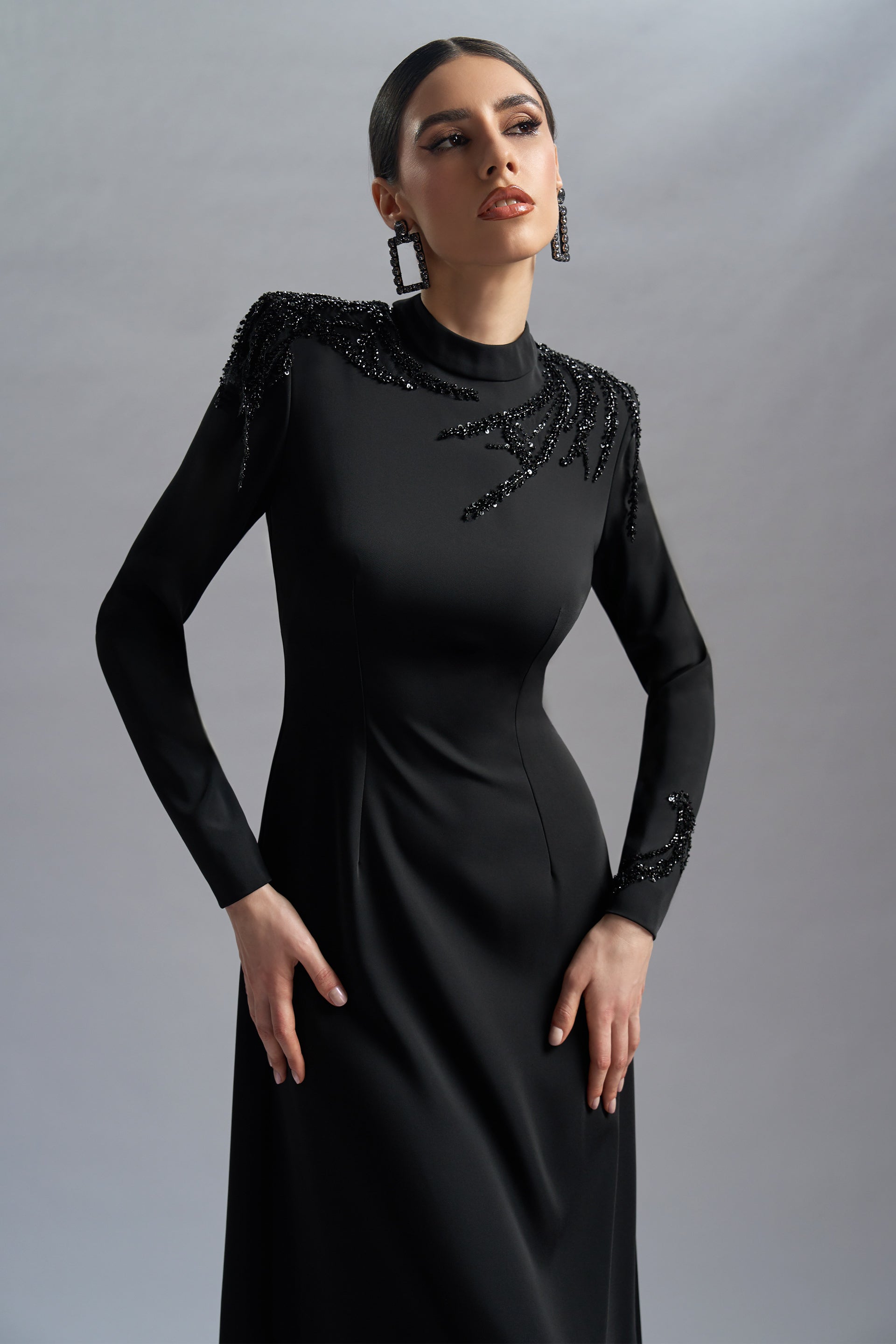 Stretch crepe and lace with embroidery evening dress Nemesis CA65