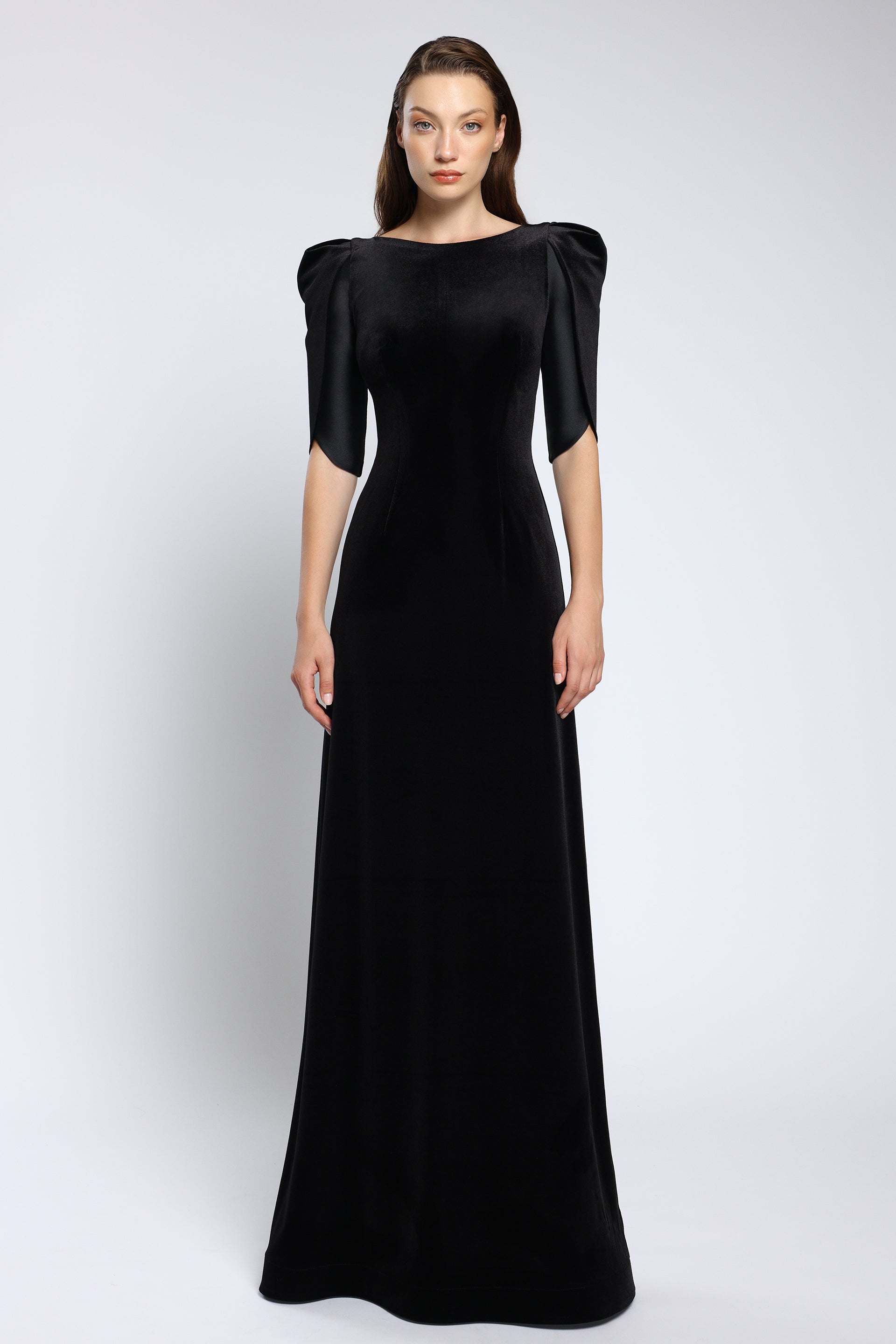 Evening dress in taffeta and velvet with embroidered belt Lilith CA162