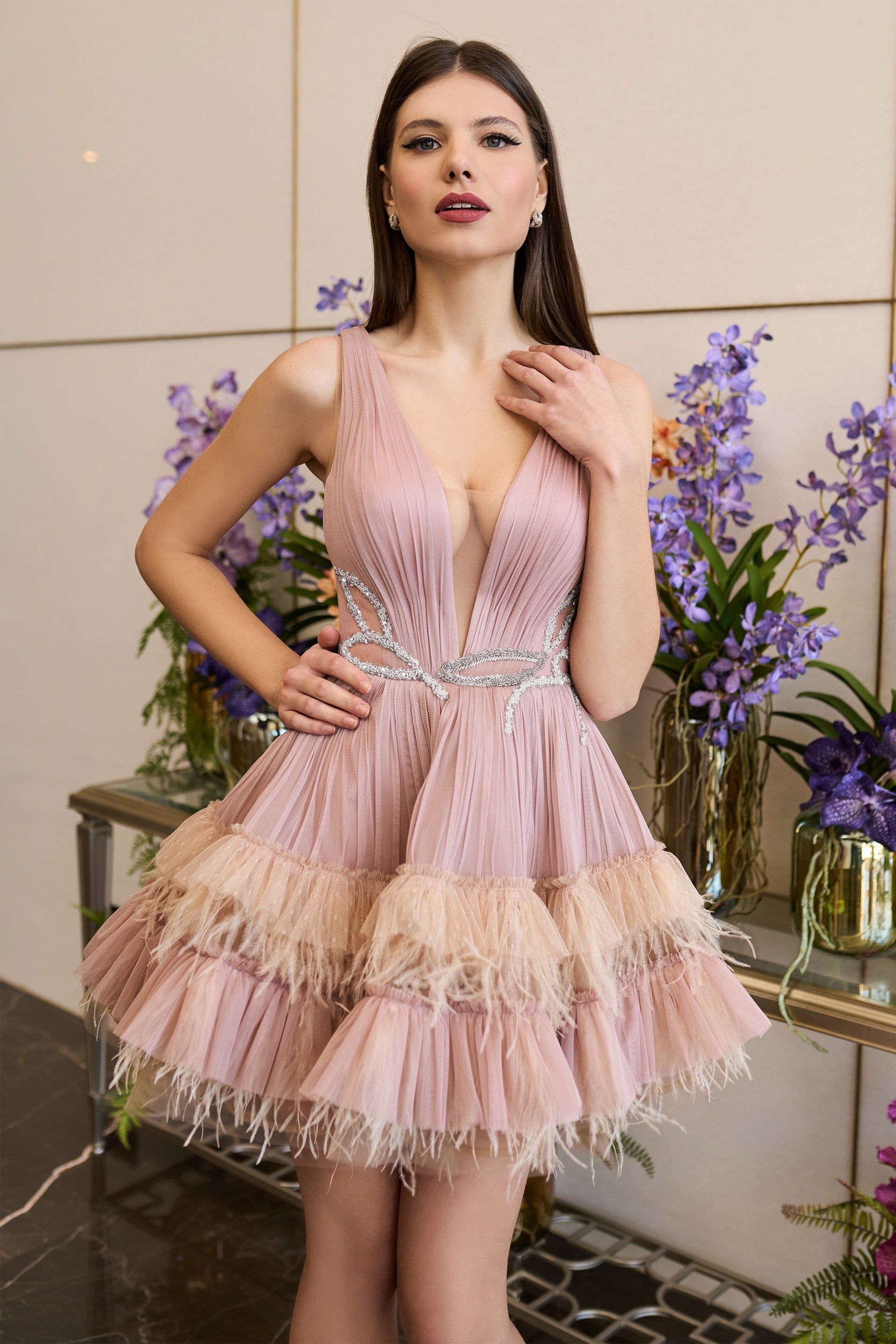 Cocktail dress made of hand pleated silk tulle SKA1317