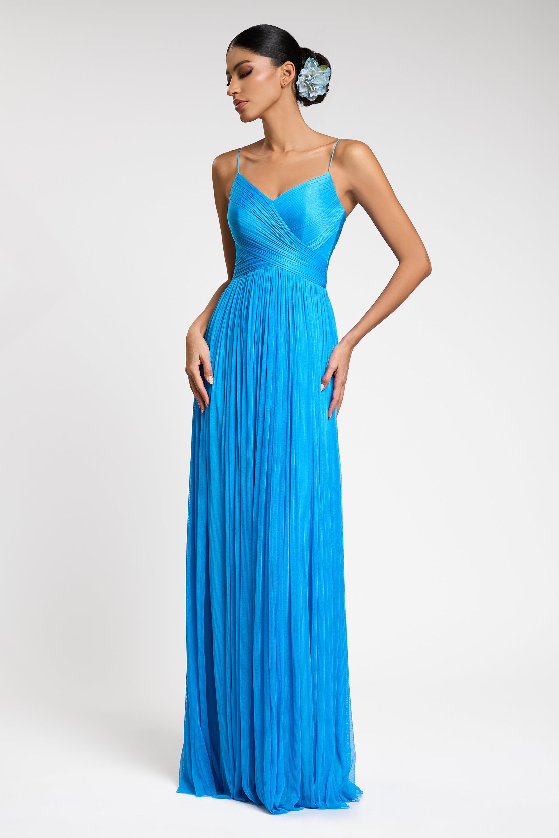 Hand pleated pure silk tulle evening dress CA1164