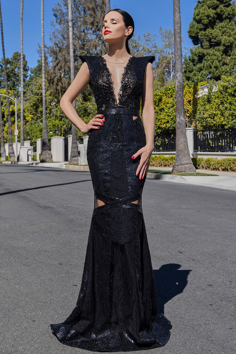 Evening dress made of sequins and embroidery with hand-sewn applications SKA1406
