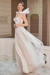 Long dress made of tulle, with embroidery with hand-sewn 3D applications SKA1339