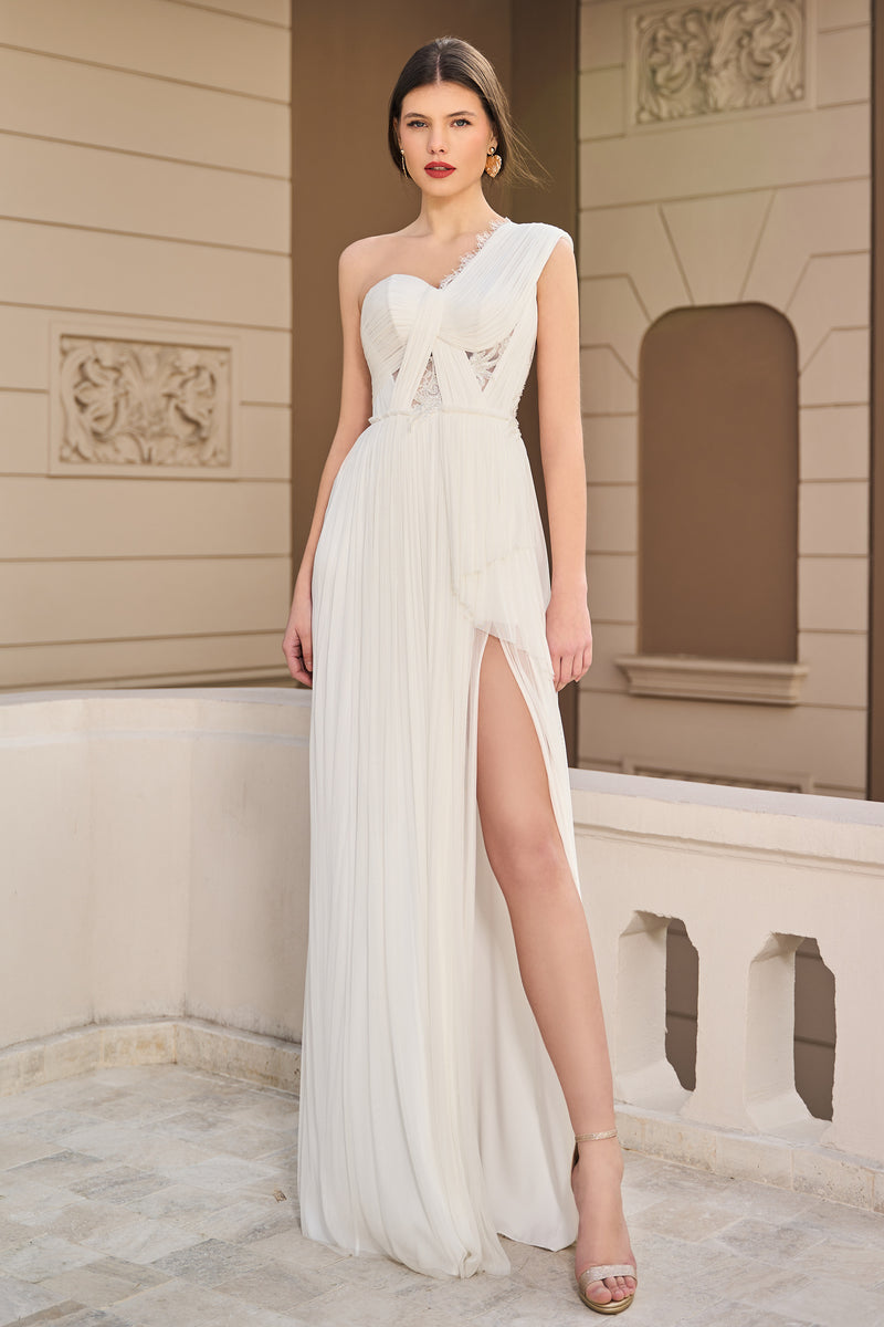 Long dress made of pure silk tulle with French Chantilly lace SKA1341