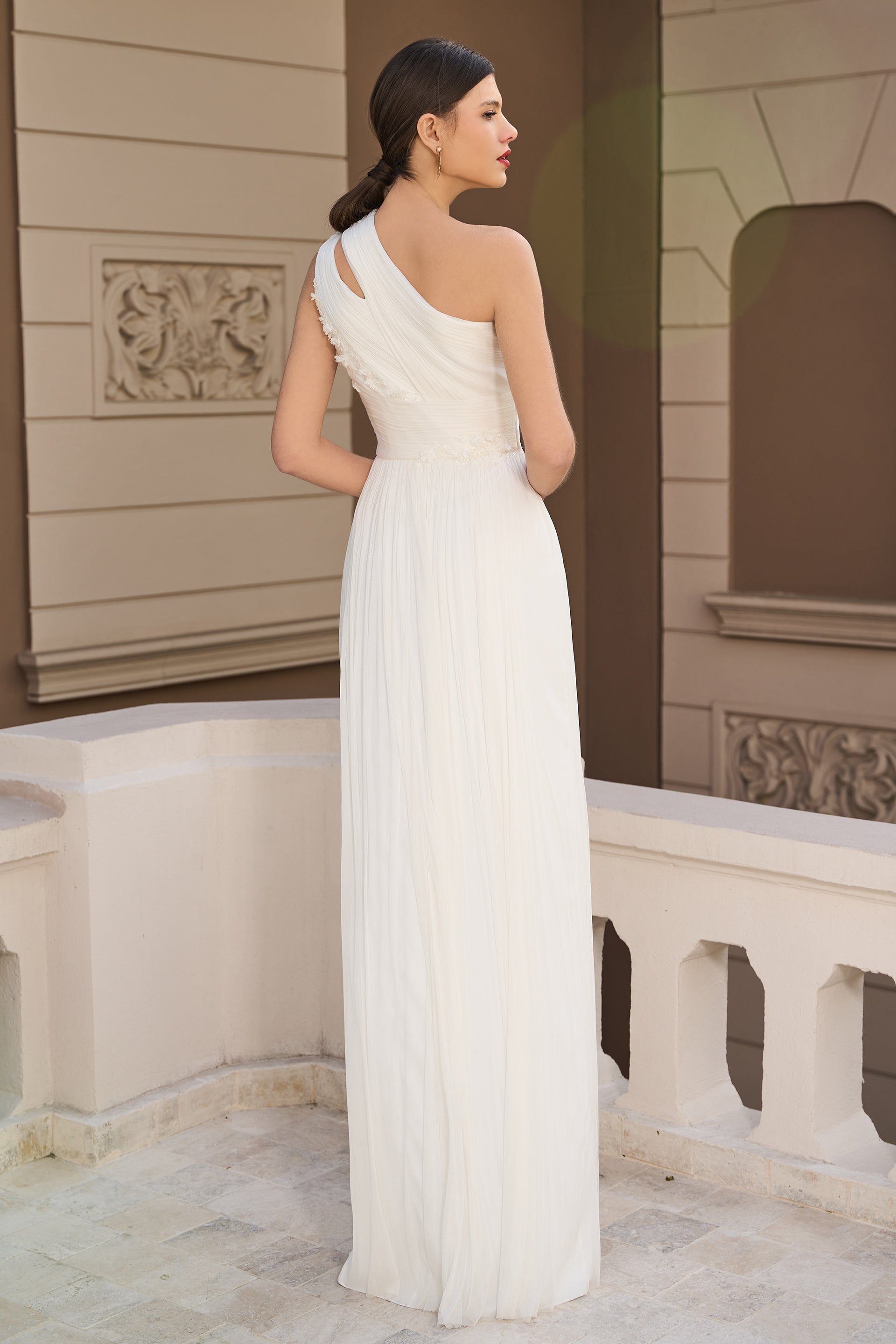 Long dress made of pure silk tulle with French Chantilly lace SKA1343