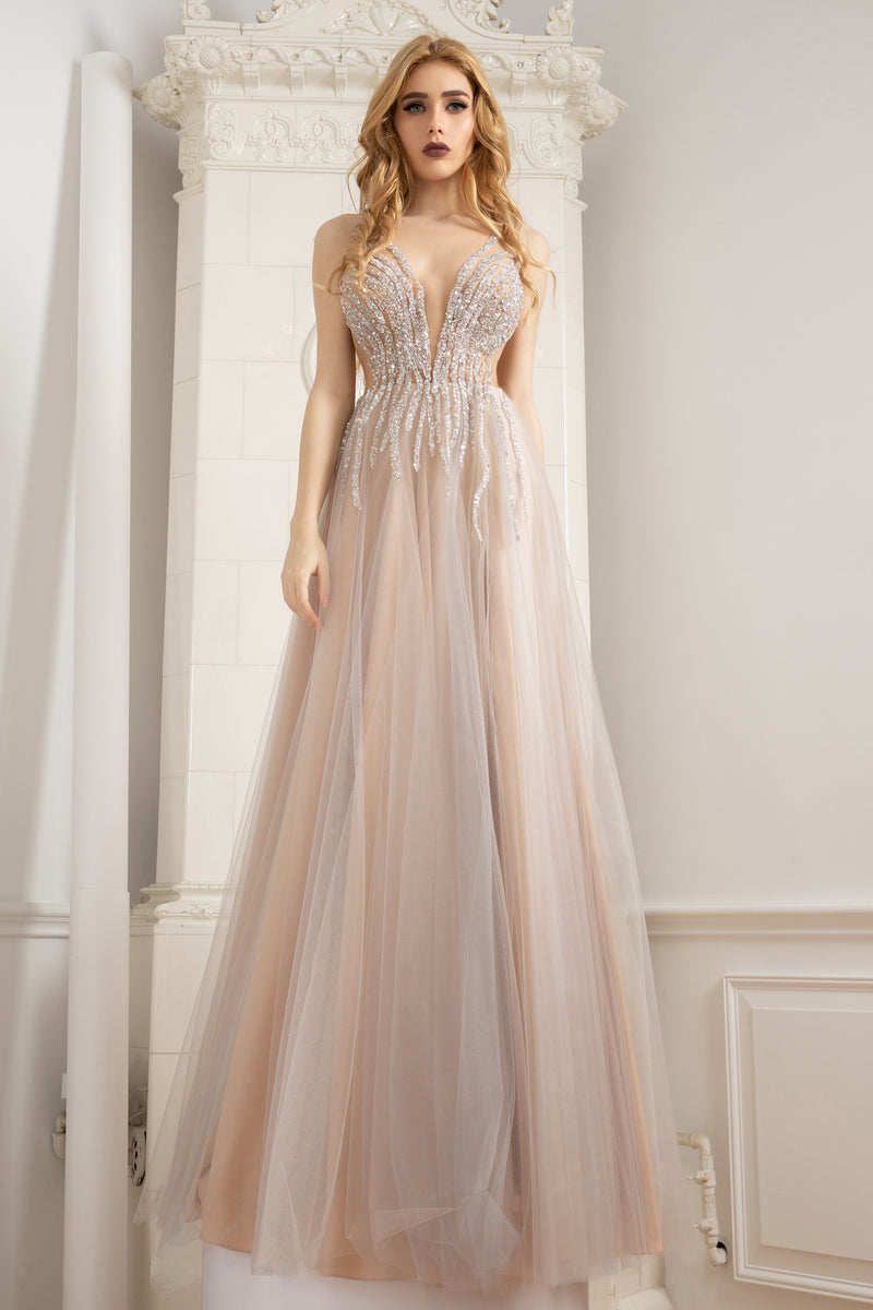 Long tulle dress with hand sewn embroidery with Swarovski elements SKA975