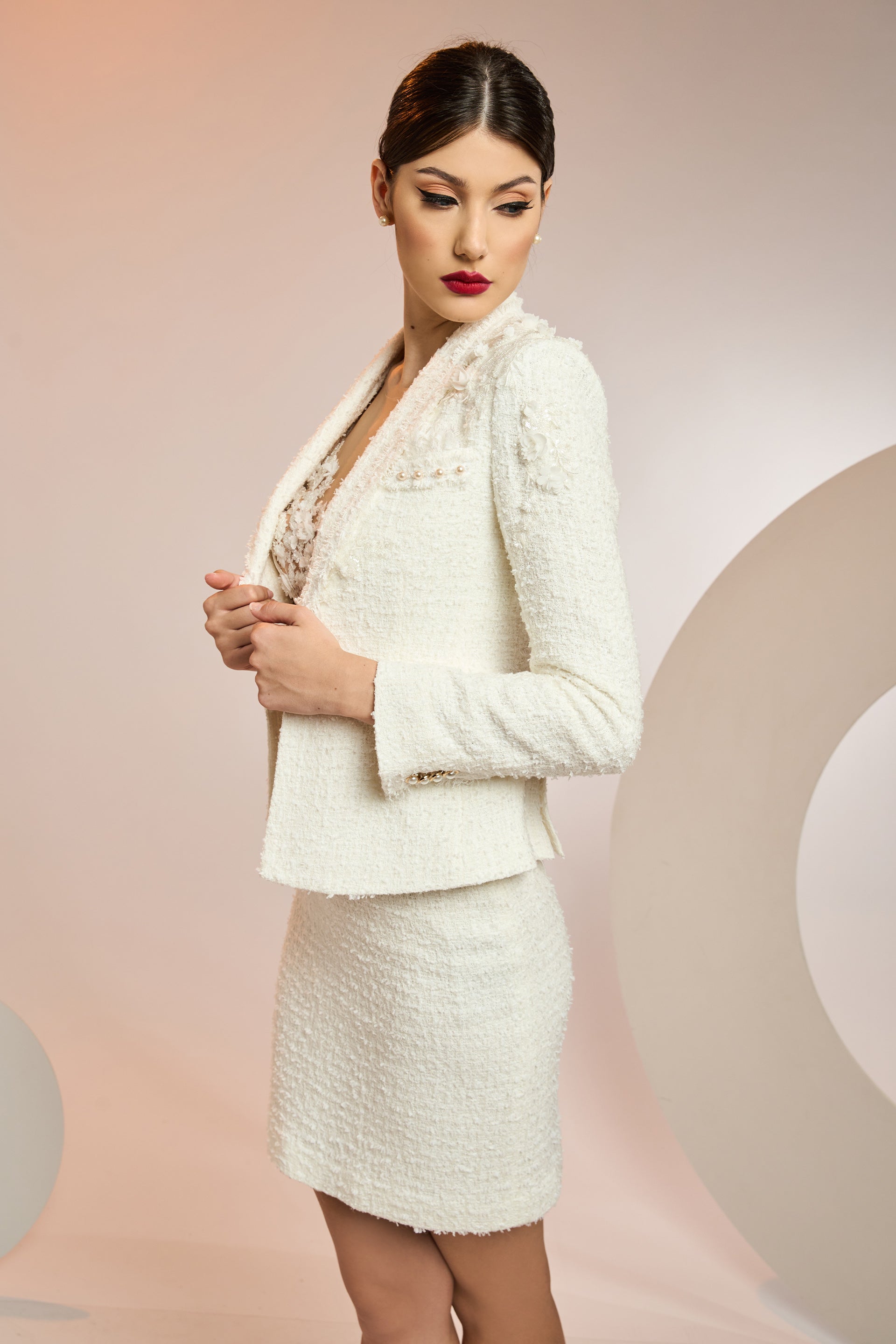 Plain tweed jacket with fringes, French lace and embroidery with applications SKAY13
