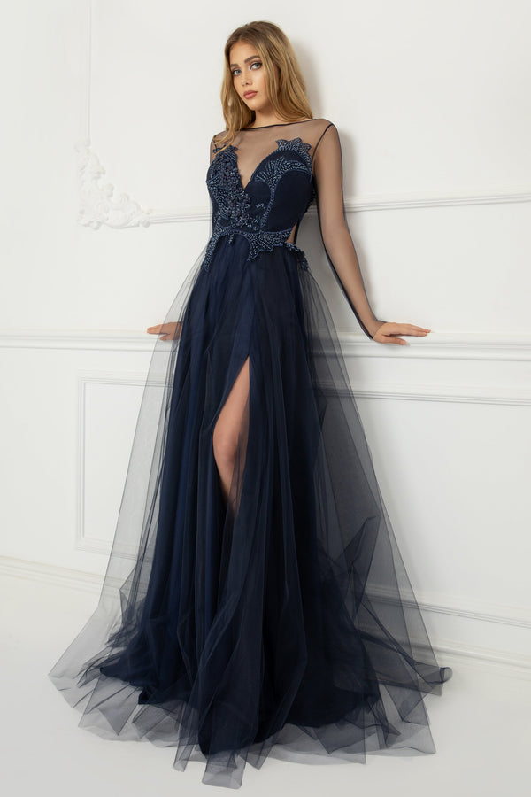 Long evening dress with lace with hand-sewn applications and 100% polyamide tulle SKA1004