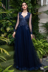 Long evening dress made of embroidery with hand-sewn applications SKA1053