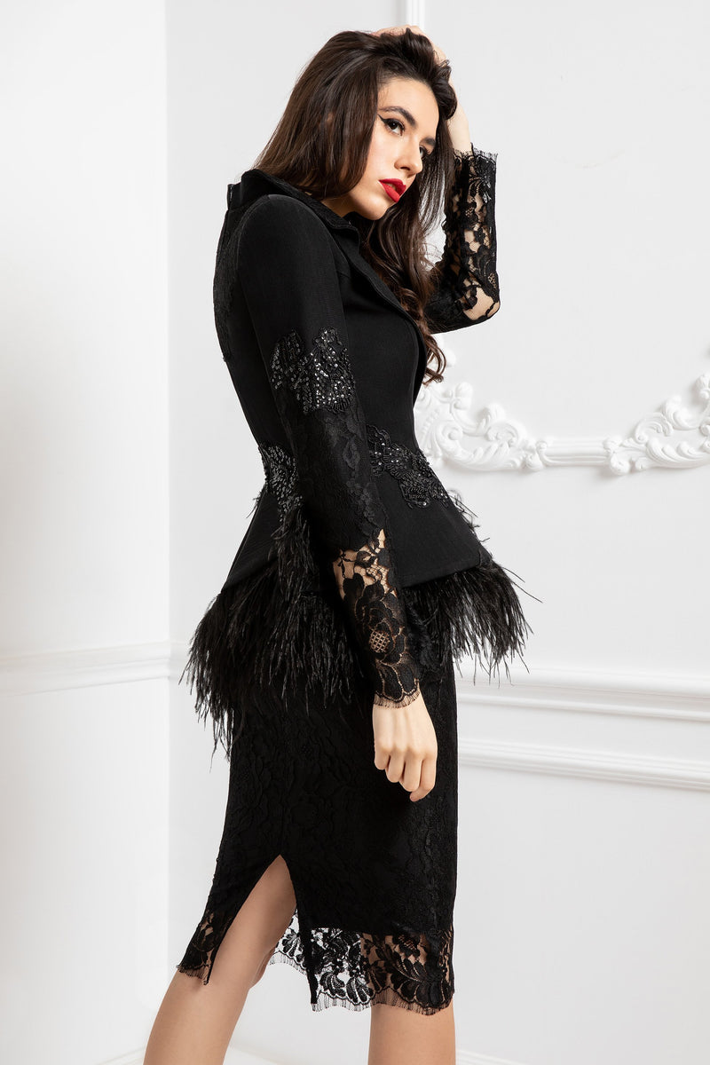 Pure silk tulle, ostrich feathers, hand-sewn embroidery peplum jacket SKA1079