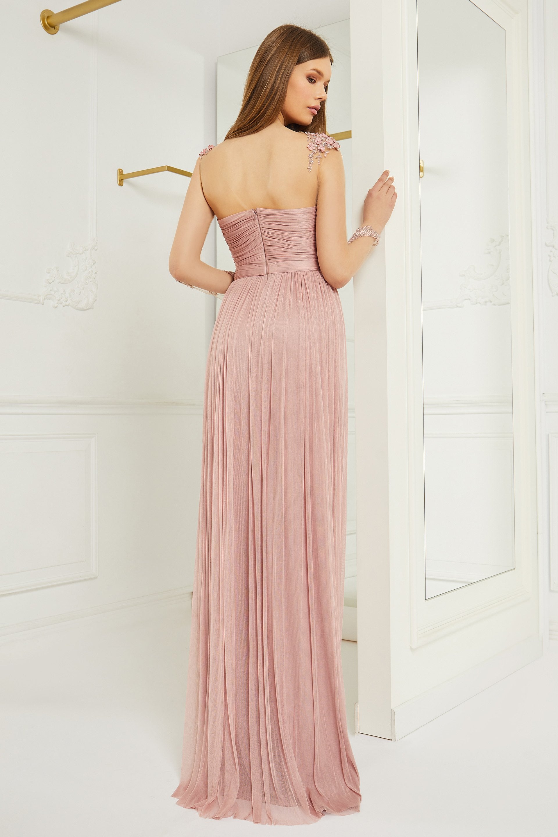 Evening dress in pure silk tulle and embroidery with hand-sewn applications CA1135