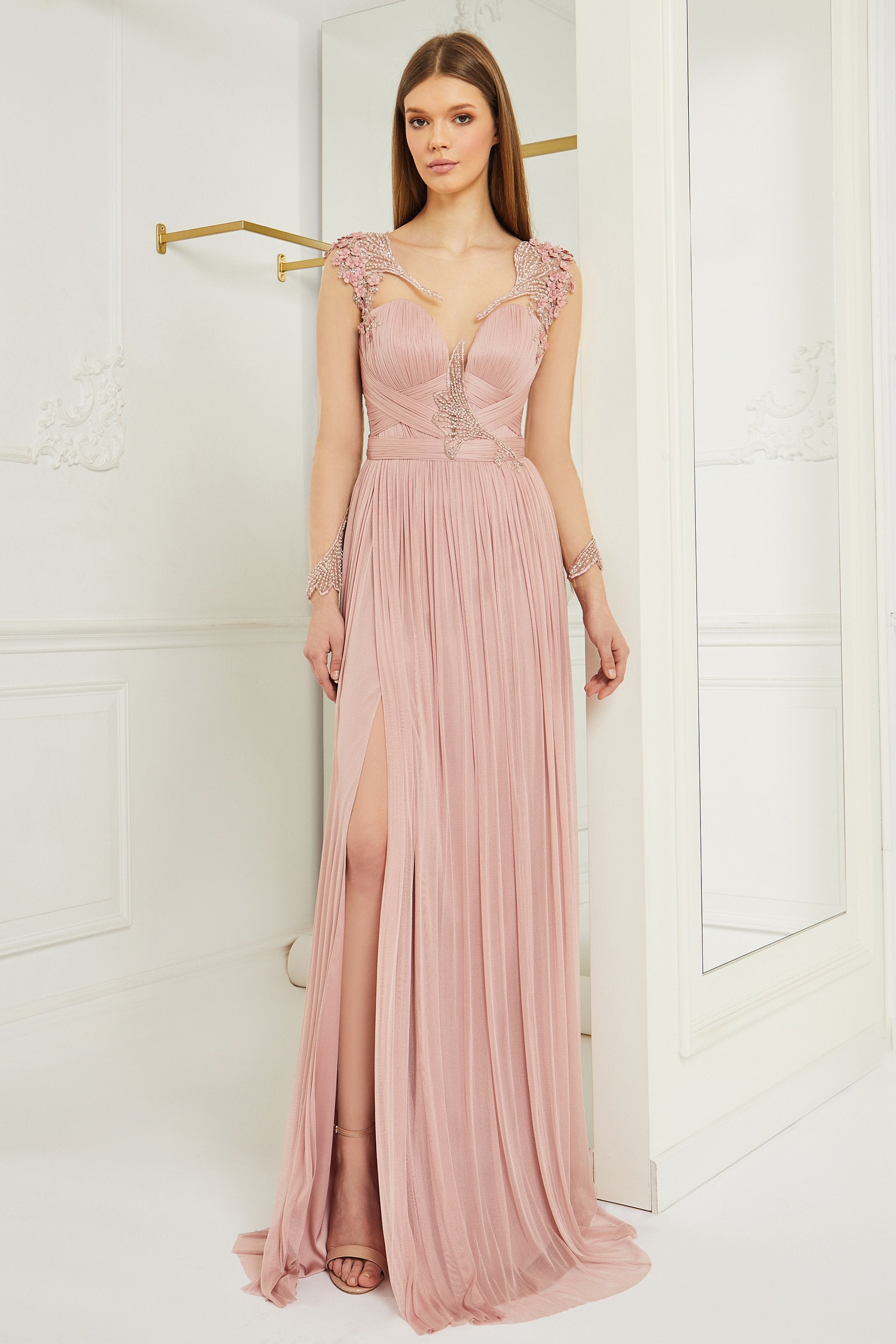 Evening dress in pure silk tulle and embroidery with hand-sewn applications CA1135