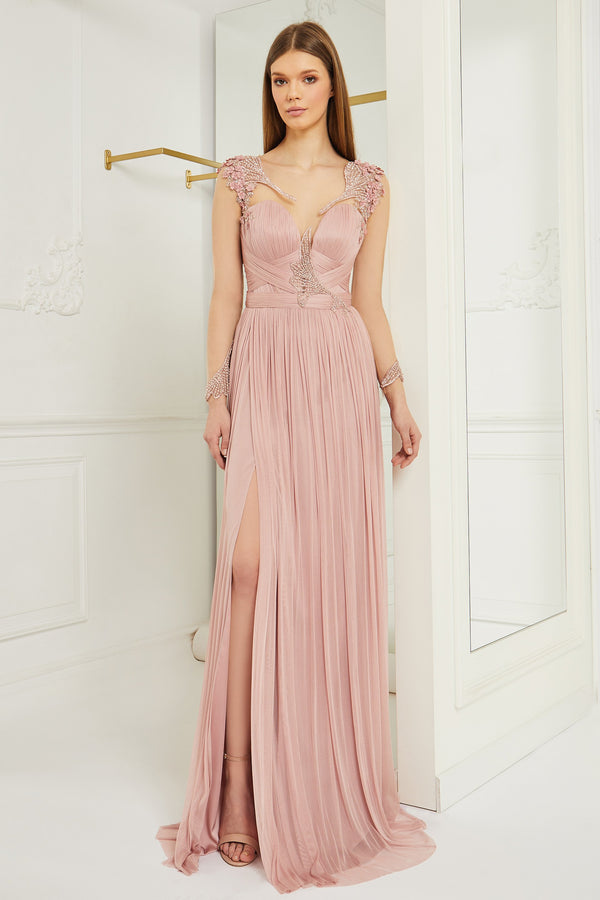 Evening dress in pure silk tulle and embroidery with hand-sewn applications SKA1135