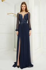 Evening dress with hand pleated pure silk tulle and embroidery with applications SKA1138
