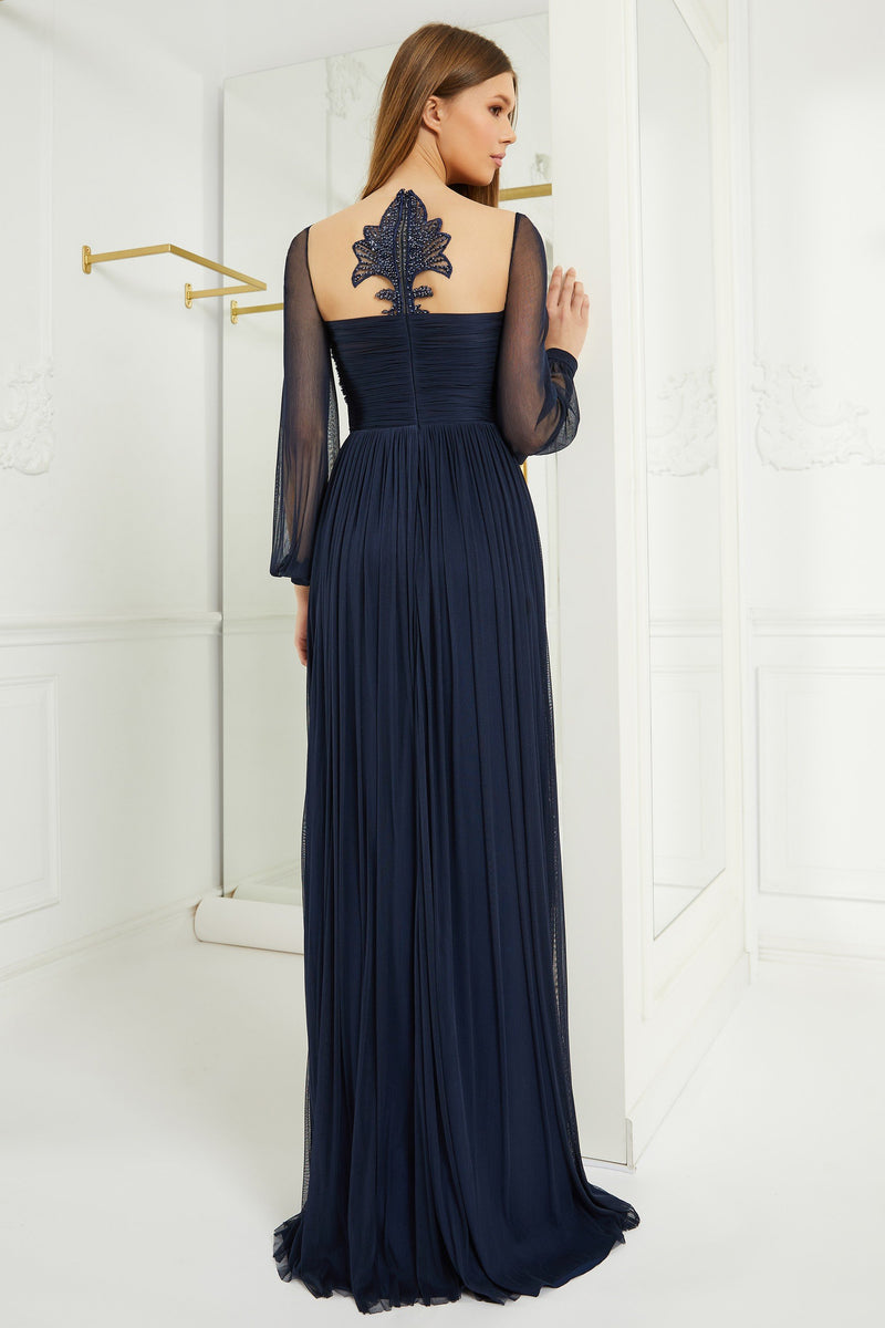 Evening dress with hand pleated pure silk tulle and embroidery with applications SKA1138
