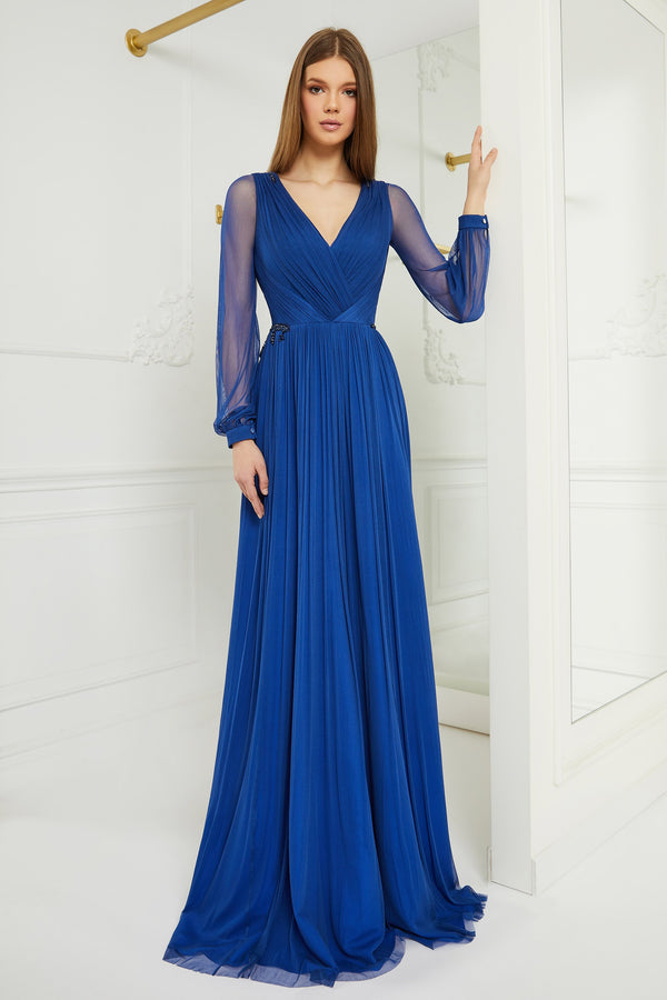Long-sleeved evening dress in pure silk tulle and lace with applications SKA1142