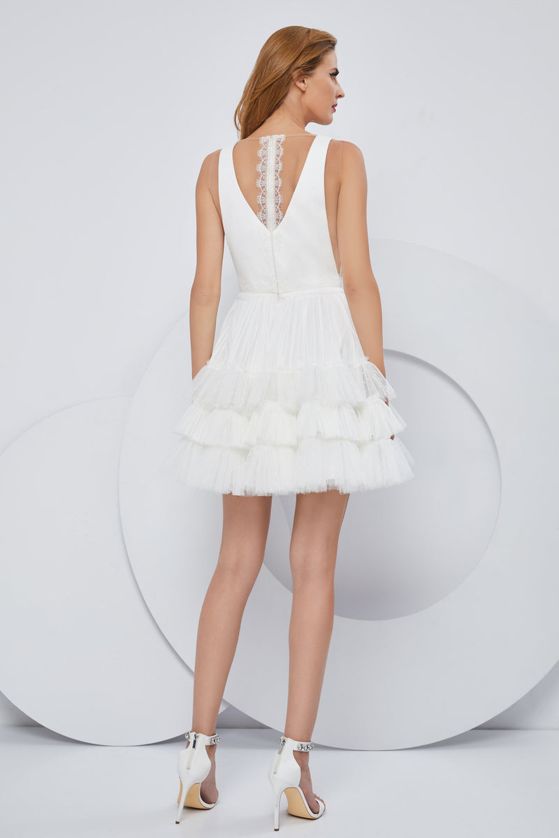 Hand pleated pure silk tulle and French Chantilly lace cocktail dress SKA1175