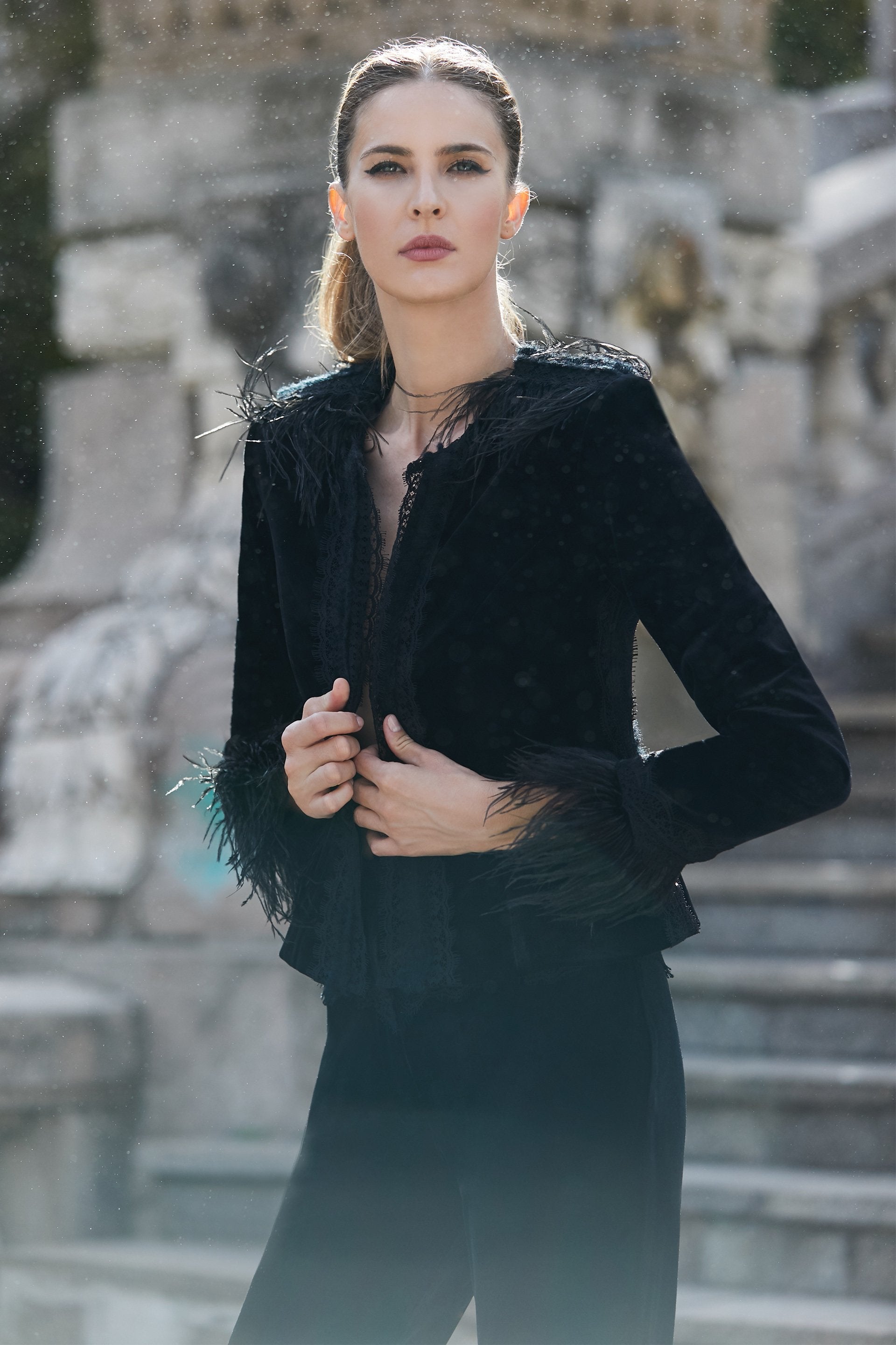 Velvet, ostrich feathers and French Chantilly lace jacket SKA1203