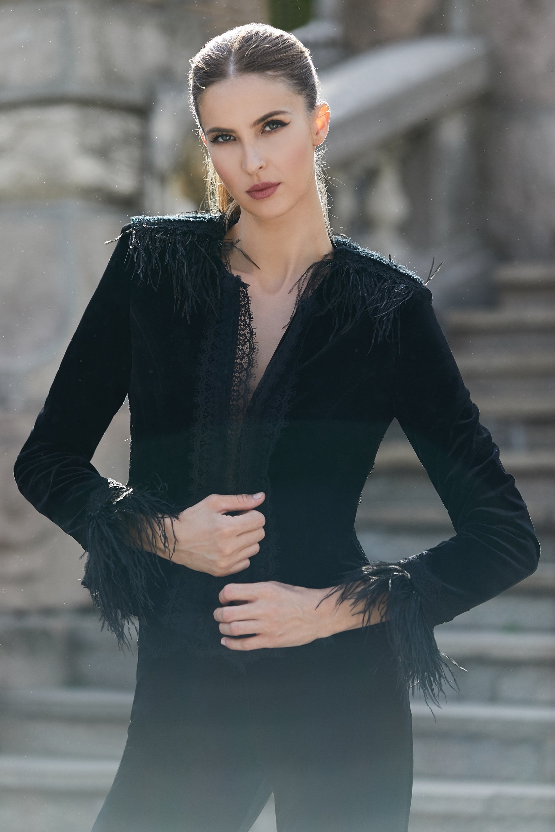 Velvet, ostrich feathers and French Chantilly lace jacket SKA1203