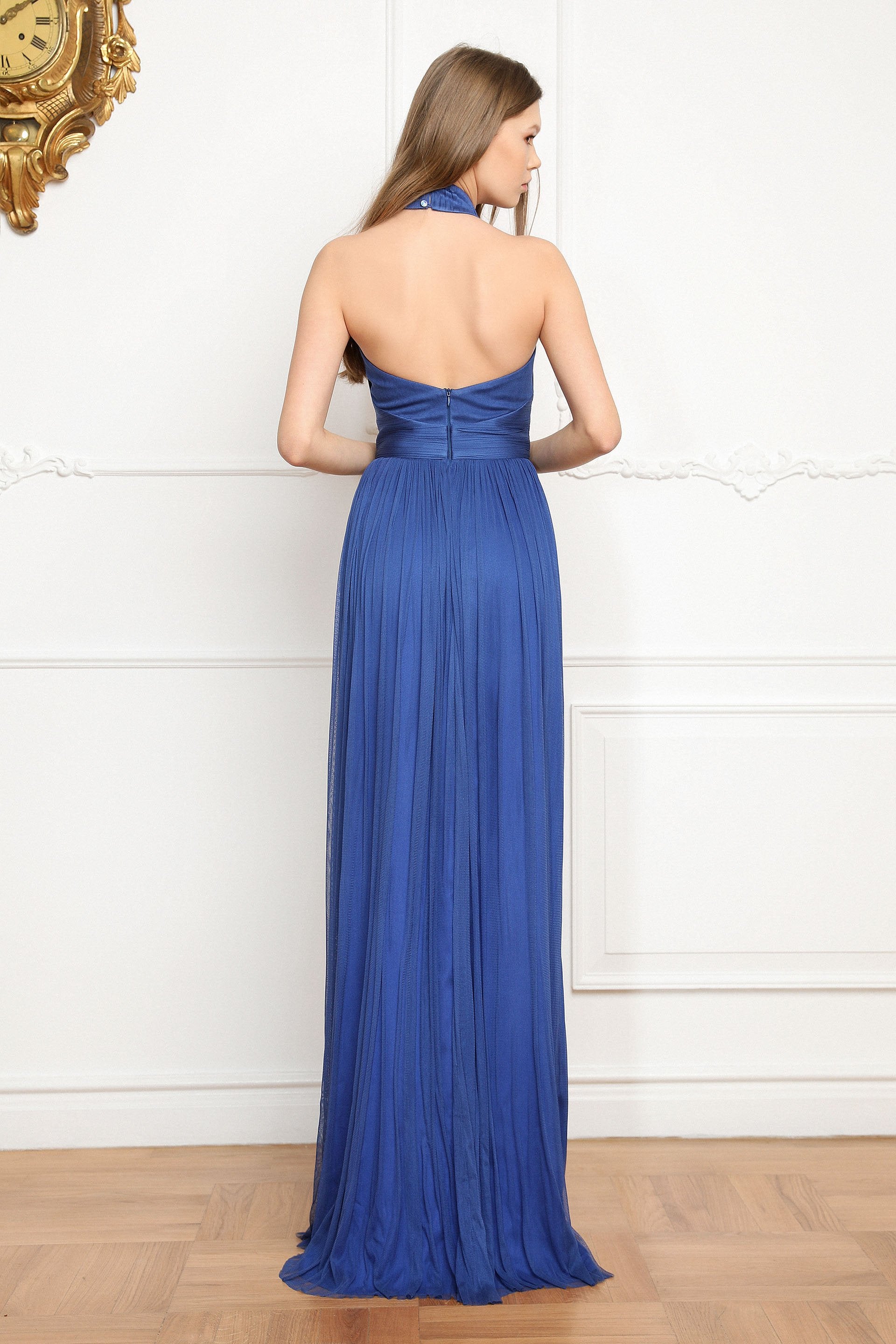 Pure silk tulle, long evening dress, with open back SKA813