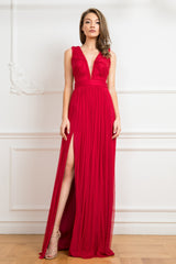 Long evening dress in pure silk tulle with cutouts and slit SKA851