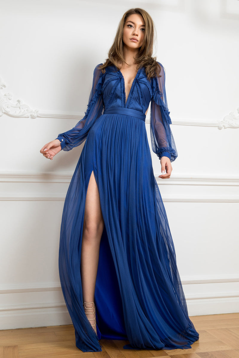 Pure silk tulle, with cutouts and slit, long-sleeved evening dress SKA853