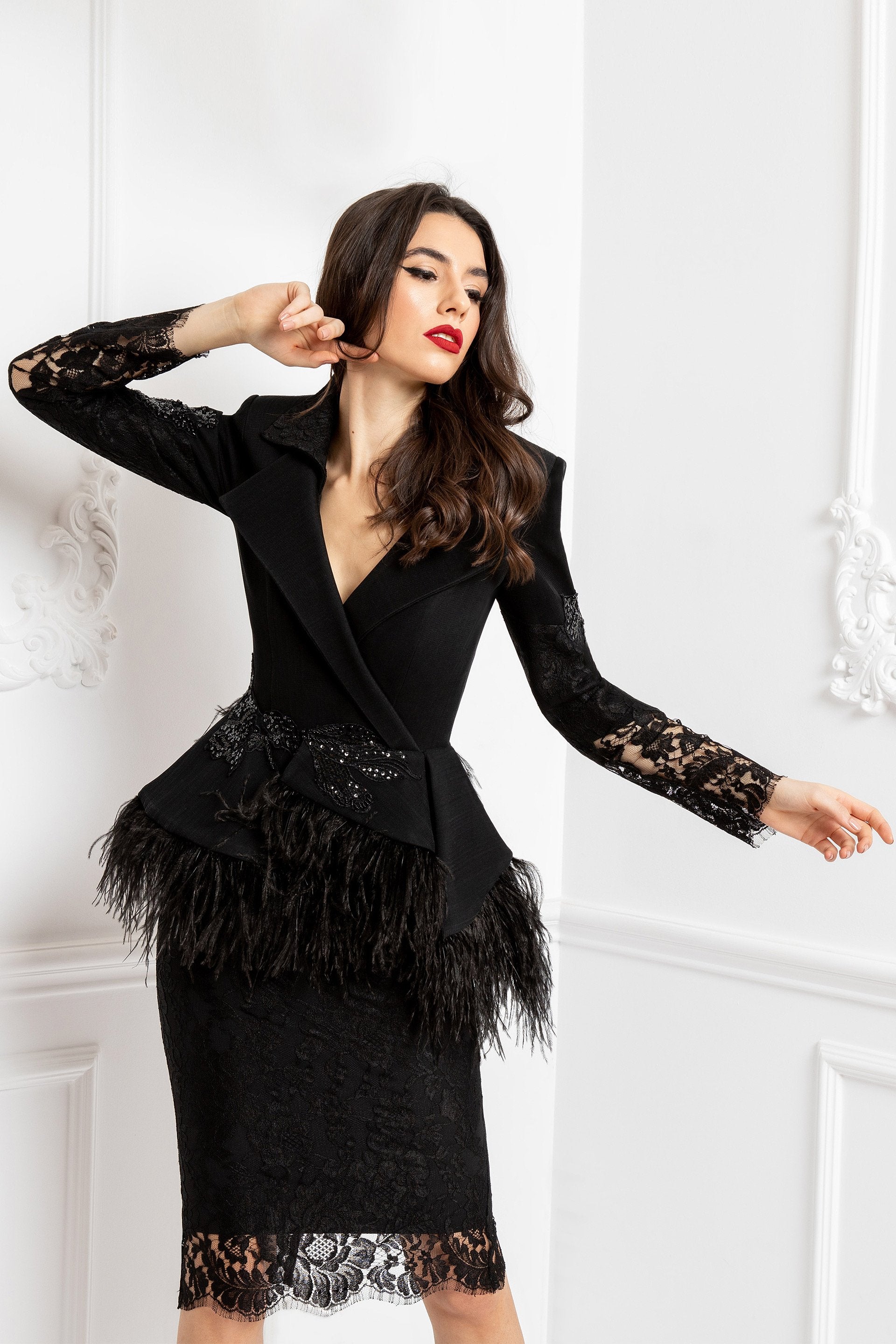 Pure silk tulle, ostrich feathers, hand-sewn embroidery peplum jacket SKA1079